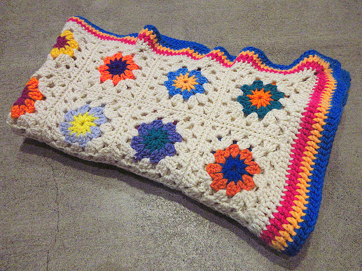 ビンテージ○かぎ針編みブランケットsize 約127cm×約155cm○230327j5-bl