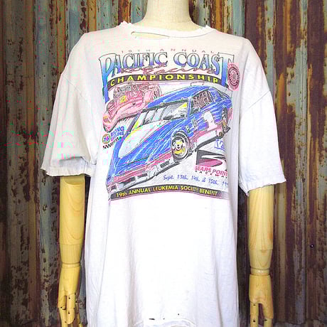 ビンテージ90’s●PACIFIC COAST ROAD RANCING CHAMPIONSHIPプリントTシャツ白size L●250427k1-m-tsh-ot 1990sレーシング