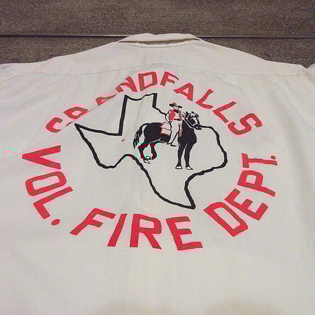 ビンテージ60’s●GRANDFALLS VOL. FIRE DEPT.チェーンステッチ×バックプリントコットンボウリングシャツ白●210706s4-m-sssh-bw古着半袖