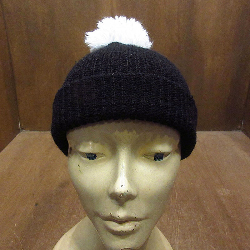 ビンテージ70's80's○DEADSTOCKボンボン付き無地ニット帽黒○220222i6-m