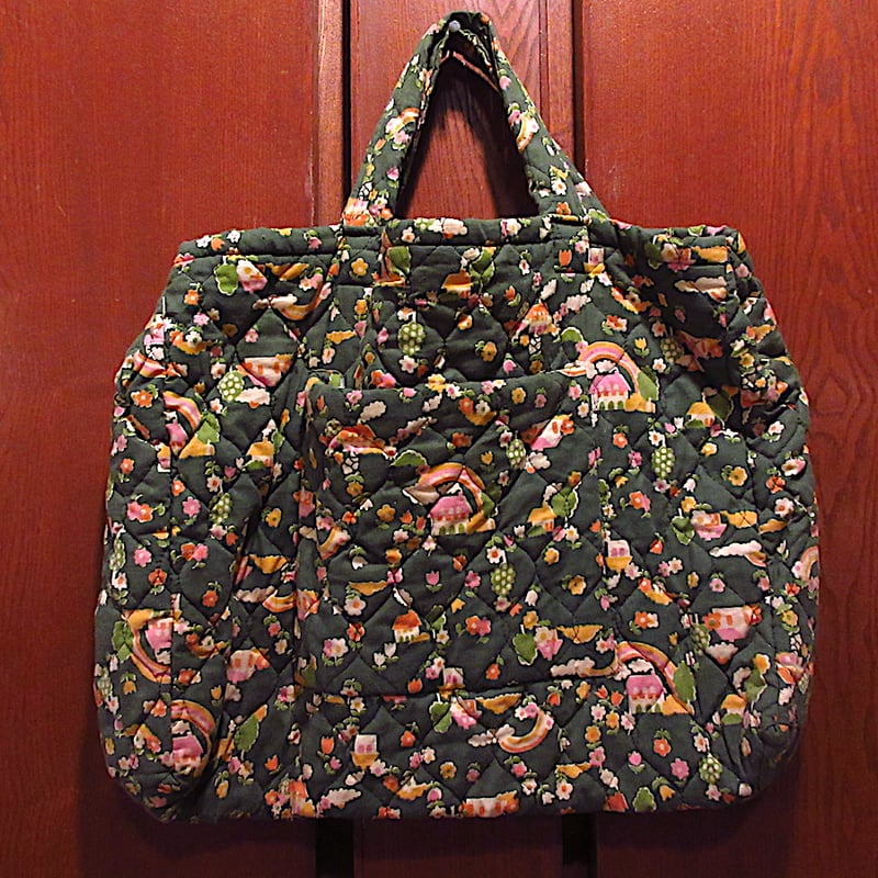 ビンテージ70's○花柄キルティングハンドバッグ緑○240215c1-bag