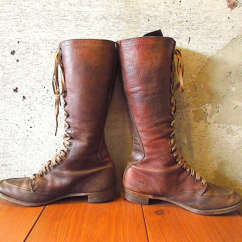 ビンテージ40's○CHIPPEWAレザーレースアップロングブーツ茶実寸 ビンテージ40's○CHIPPEWAレザーレースアップロングブーツ茶実寸