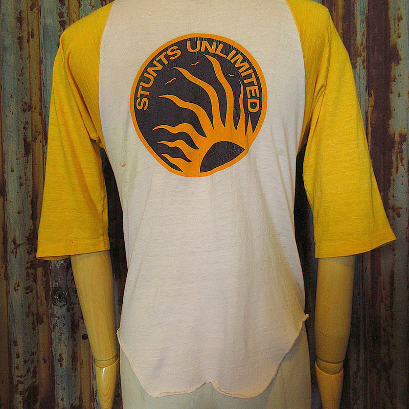 ビンテージ70's80's○STUNTS UNLIMITEDラグランTシャツ黄色×白size
