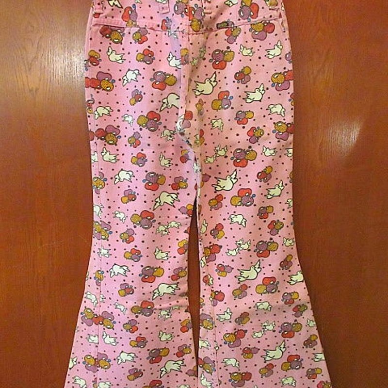 希少 総柄 ヒッピーパンツ フレアパンツ 美品 スーパーヴィンテージ タロン ビンテージ70's○Peter Max × MAVERICK総柄フレアパンツピンク11/12○