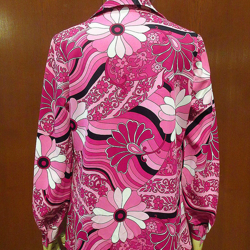 古着 ビンテージ 70s ヒッピー レトロ ポリエステル 花柄 シャツ 美品 ビンテージ70's○PYKETTESレディースサイケ花柄オープンカラー長袖