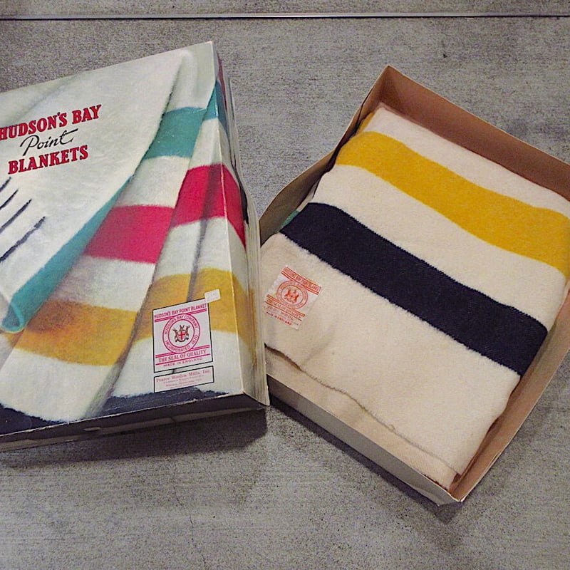 ビンテージ○HUDSON'S BAYマルチボーダーウールブランケット箱