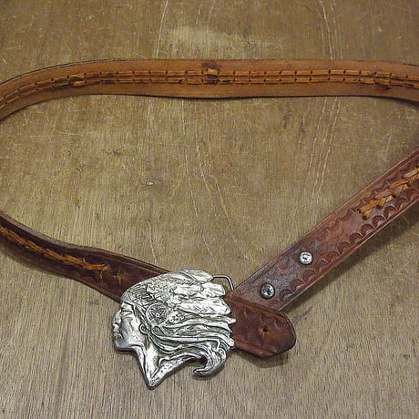 ビンテージ●インディアンヘッドバックル型押しレザーベルト茶size 40●221123i6-blt ネイティブアメリカン牛革本革ブラウン