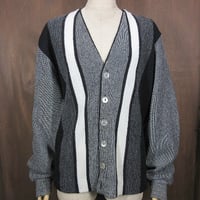 ビンテージ60’s●DAMONストライプニットカーディガンベージュ黒×白×グレー●250116j3-m-cdg古着1960s猫目ボタン