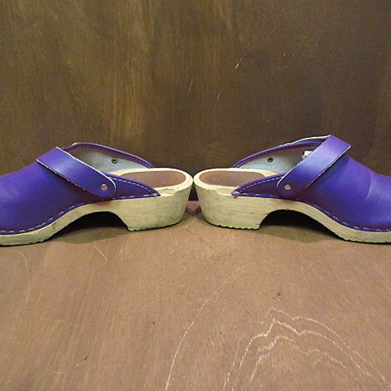 ビンテージ○MADE IN SWEDENストラップ付きレザーサボ紫size42○200815n