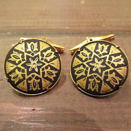 ビンテージ-60's●模様入りブラック×ゴールドカフリンクス●odst 50s1950s1960sカフスボタンメンズアクセサリー
