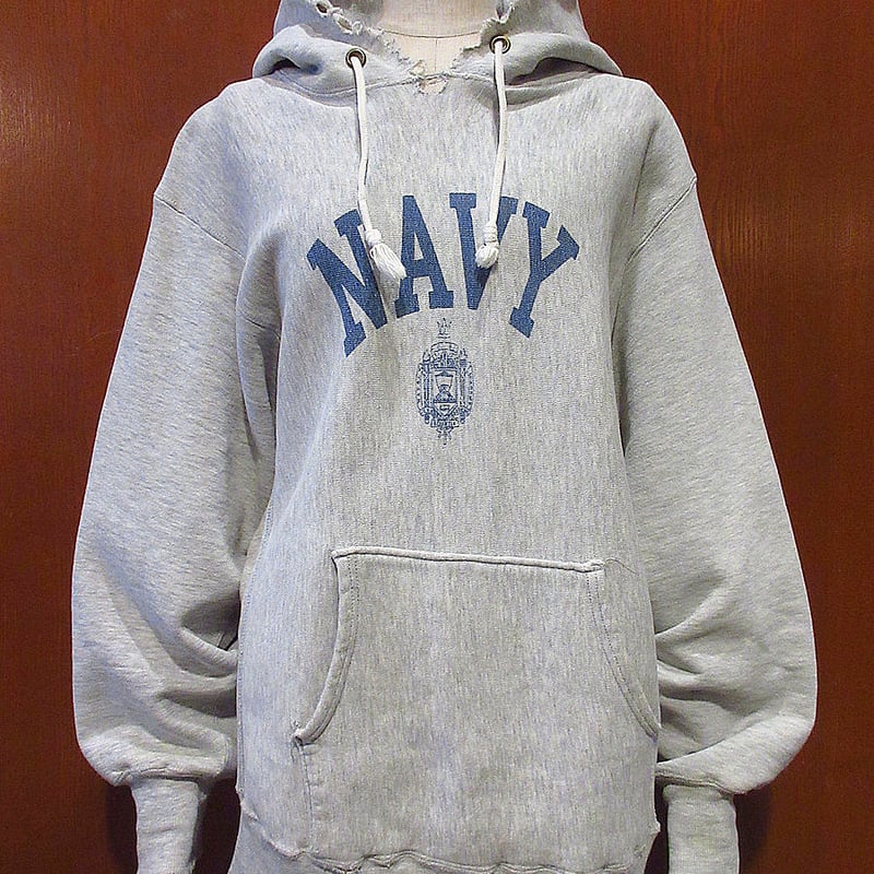 ビンテージ80's○Champion NAVY染み込みプリントリバースウィーブ