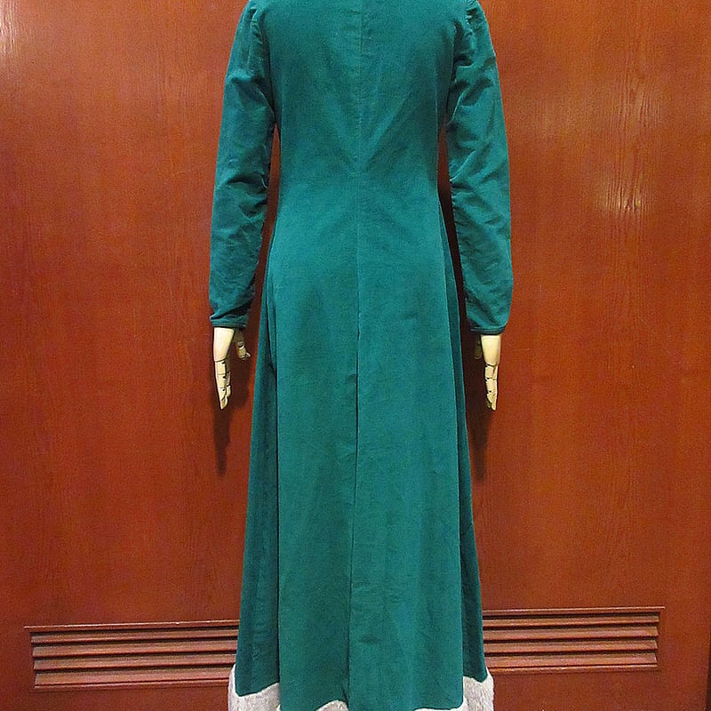 ビンテージ60's70's○フェイクファー付きベロア長袖ワンピース緑