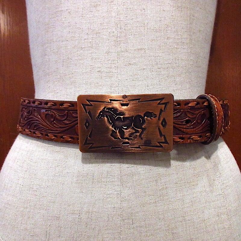 希少一枚革　ラルフローレン 馬　ホースモチーフ カービングレザーナローベルト 茶 ビンテージ○Wranglerホースカッパーバックル型押しレザーベルト