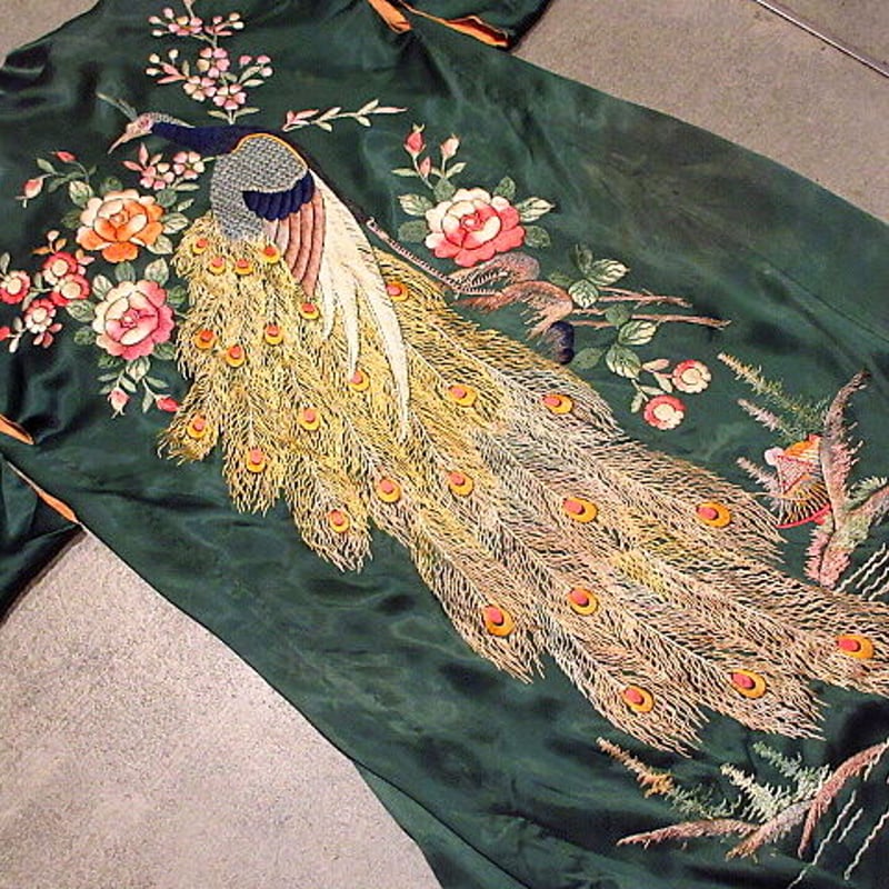 60s 刺繍 織 鷹 波 サテン スーベニア ビンテージ スカ ガウン
