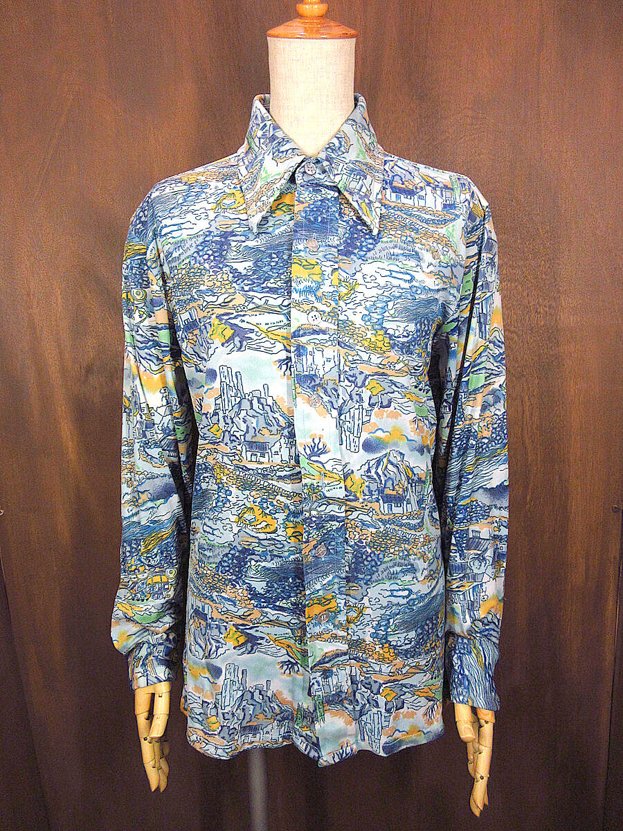ビンテージ70's○Cascade風景総柄長袖シャツsize M○230930j7-m-lss...