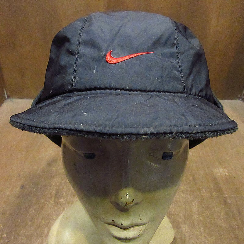 ビンテージ90's○NIKE耳当て付き裏フリースナイロンキャップ黒