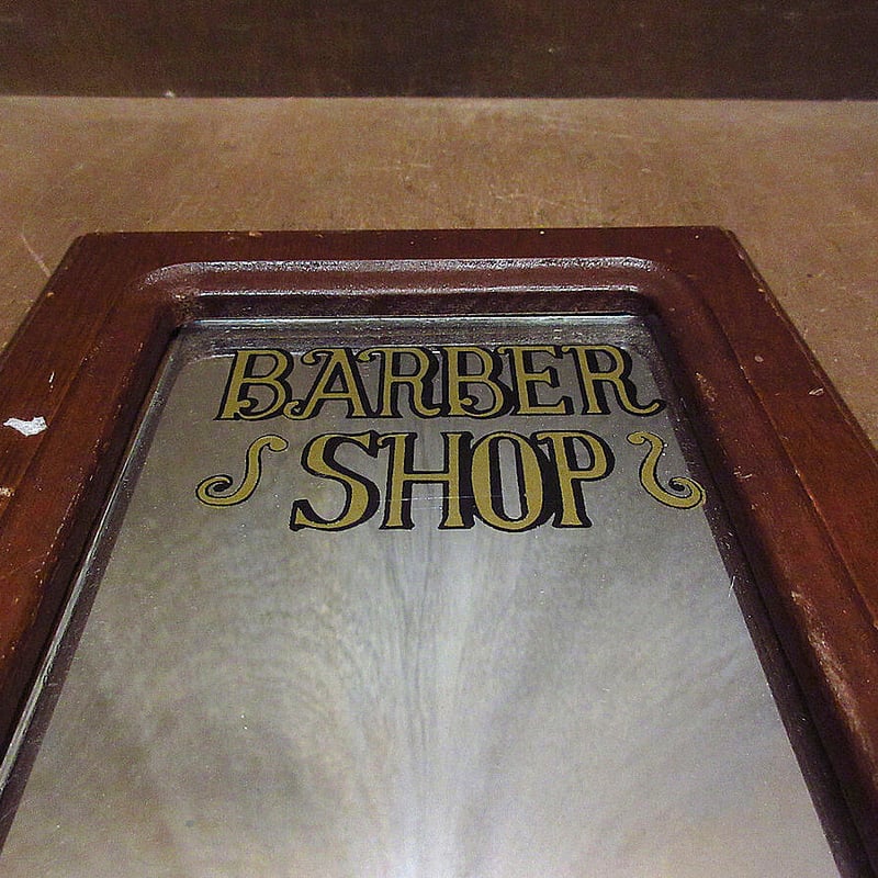 ビンテージ○BARBER SHOPウッドフレーム壁掛けミラー○210806s8