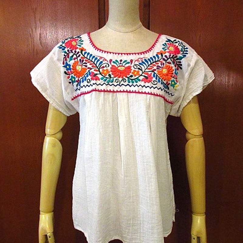 ビンテージ70's○レディースメキシコ刺繍半袖ブラウス白