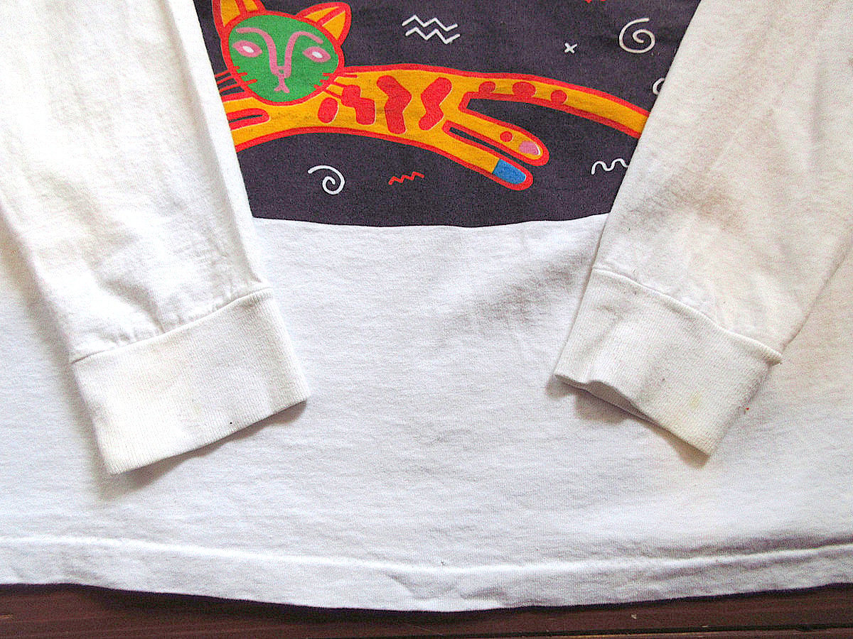 ビンテージ80's○モックネックキャットアートプリント長袖Tシャツ白