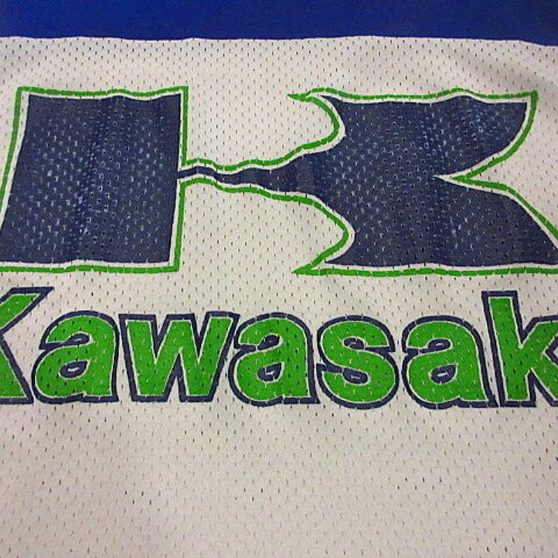 ビンテージ70's○Kawasakiメッシュモトクロス長袖Tシャツ白×青