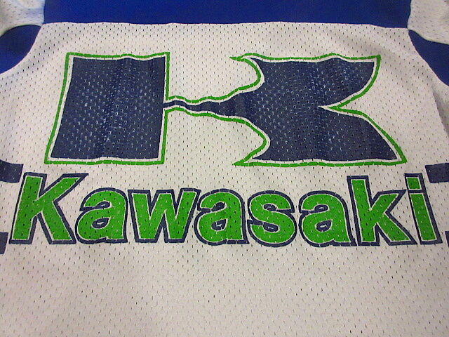 ビンテージ70's○Kawasakiメッシュモトクロス長袖Tシャツ白×青