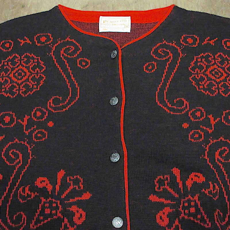 ビンテージ70's80's○PENDLETONレディース総柄ウールカーディガン赤×黒