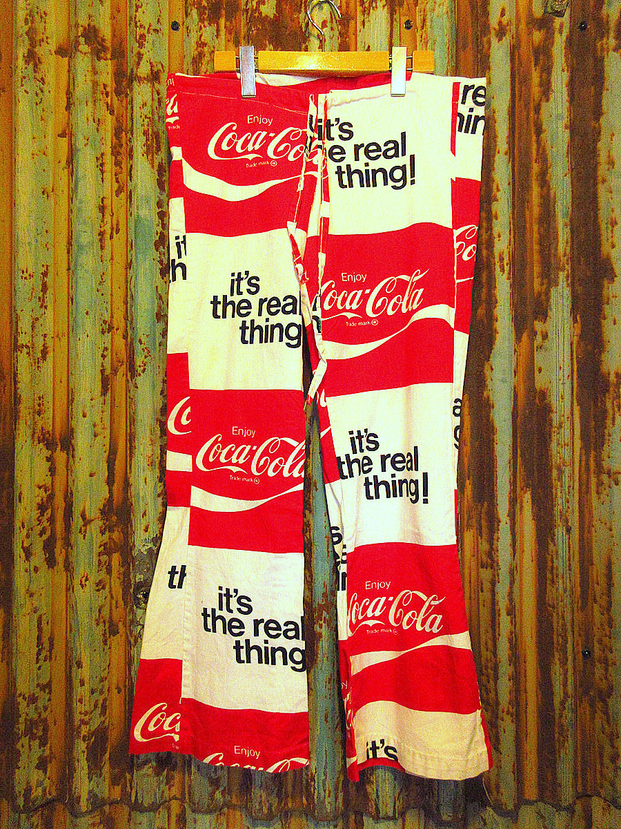 70s Coca-Cola コカコーラ 総柄 フレアパンツ ヴィンテージ ビンテージ70's○Coco-Colaコットンビーチパンツ○240423k6-w-pnt-ot