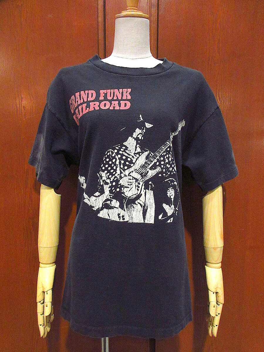 ビンテージ80's○GRAND FUNK RAILROADコットン両面プリントTシャツ黒siz