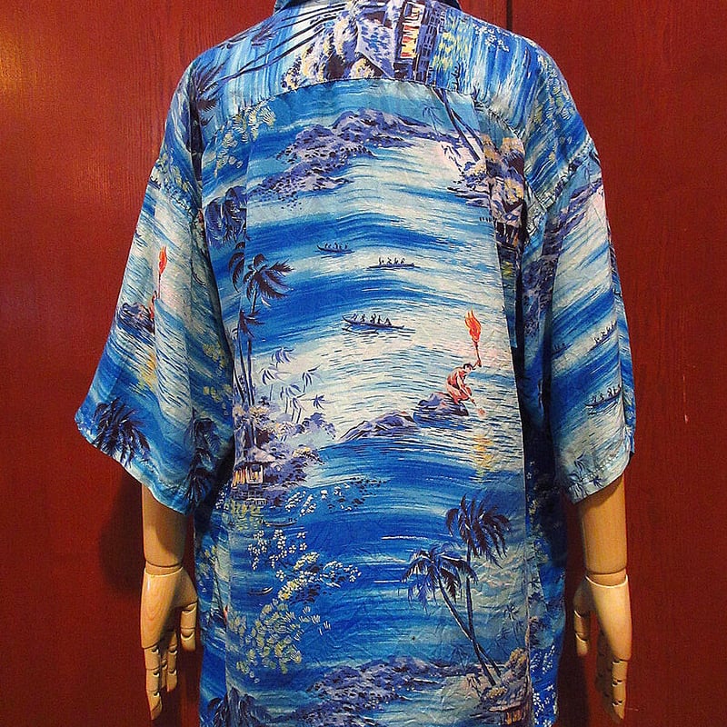 ビンテージ40's50's○Hookanoシルク総柄ハワイアンシャツsize XL○21062