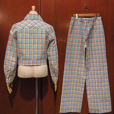 ビンテージ70's●emily mレディースチェックジャケット&バギーパンツツーピースsize 13/14●221204i3-w-stup 1970sセットアップレトロ