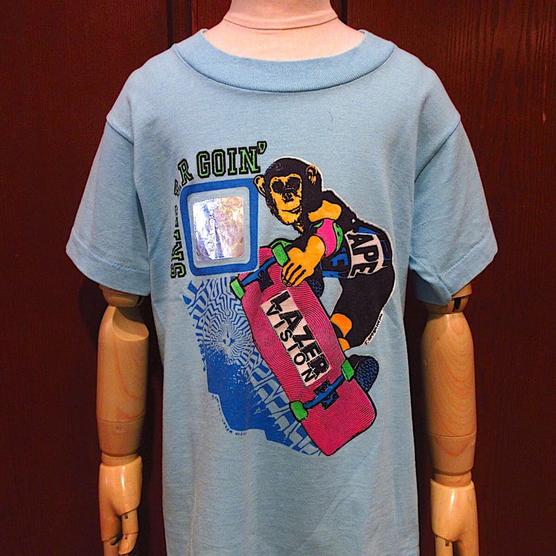 ビンテージ80's○LAZER VISIONキッズSKATER GOIN'プリントTシャツ水色