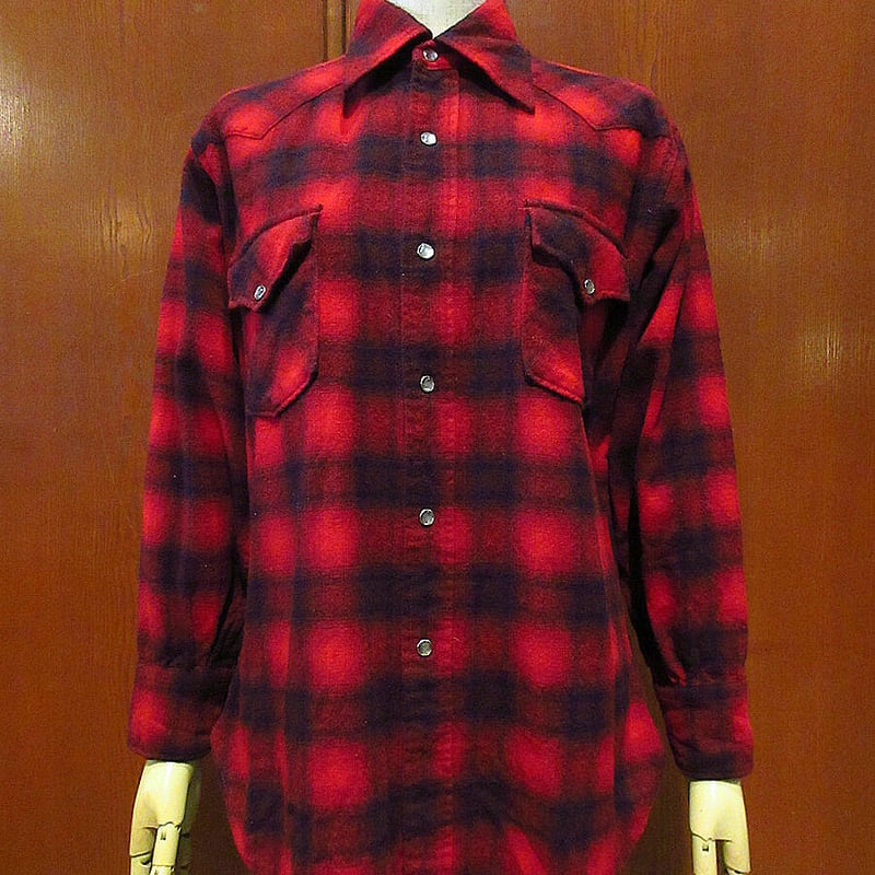 ビンテージ70's○PENDLETONシャドーチェックウールウエスタンシャツ赤
