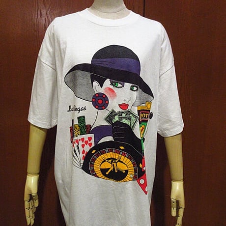 ビンテージ90's●DEADSTOCK Las VegasカジノアートプリントTシャツsize XL●210226f4-m-tsh-ot古着女性人物半袖シャツデッドストック