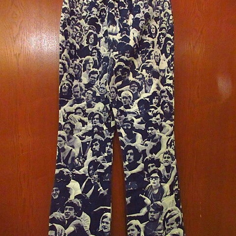 ビンテージ70's○WOODSTOCK剥き出しボタン総柄フレアパンツW60cm ビンテージ70's○WOODSTOCK剥き出しボタン総柄フレアパンツW60cm