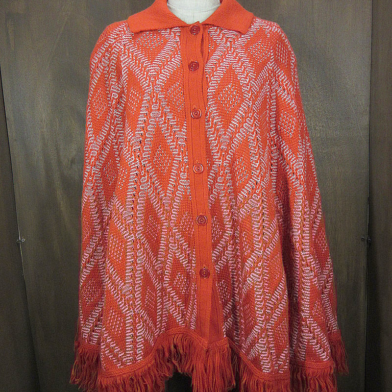 ビンテージ70's○Bradleyレディースアクリルニットポンチョ赤×白