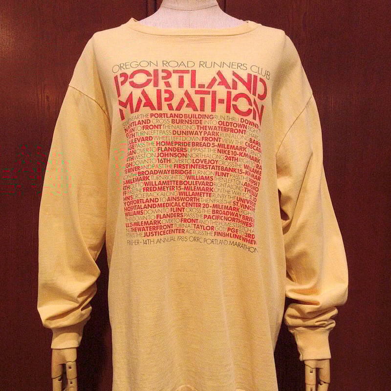 80sナイキNikeマラソンランニングTシャツヴィンテージスニーカー古着アメリカ ビンテージ80's○NIKE PORTLAND MARATHON長袖Tシャツ黄size L○2