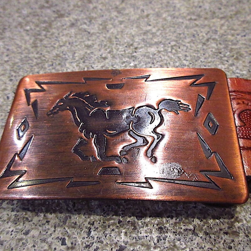 ビンテージ○Wranglerホースカッパーバックル型押しレザーベルト