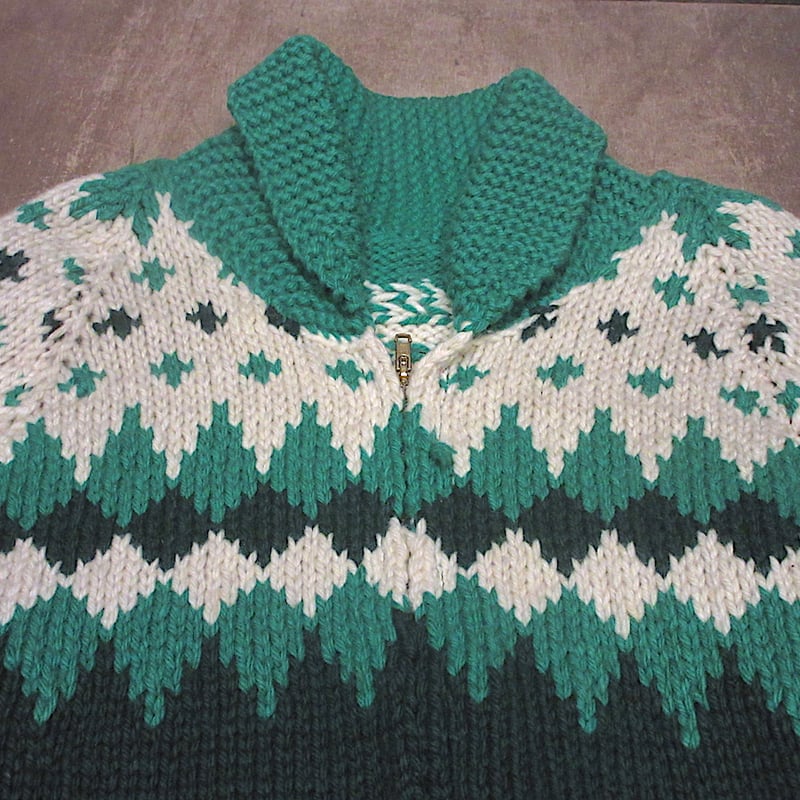 ビンテージ60's○ショールカラーアーガイル柄ウールカウチン緑×白