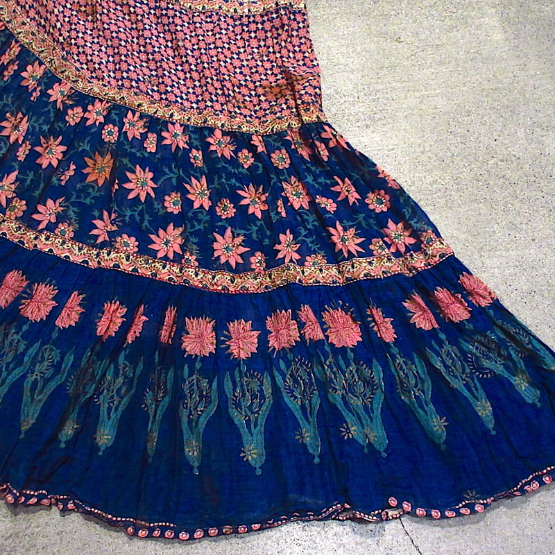 ビンテージ70's○Adini花柄インド綿長袖ワンピースsize L○231130c1-w-l