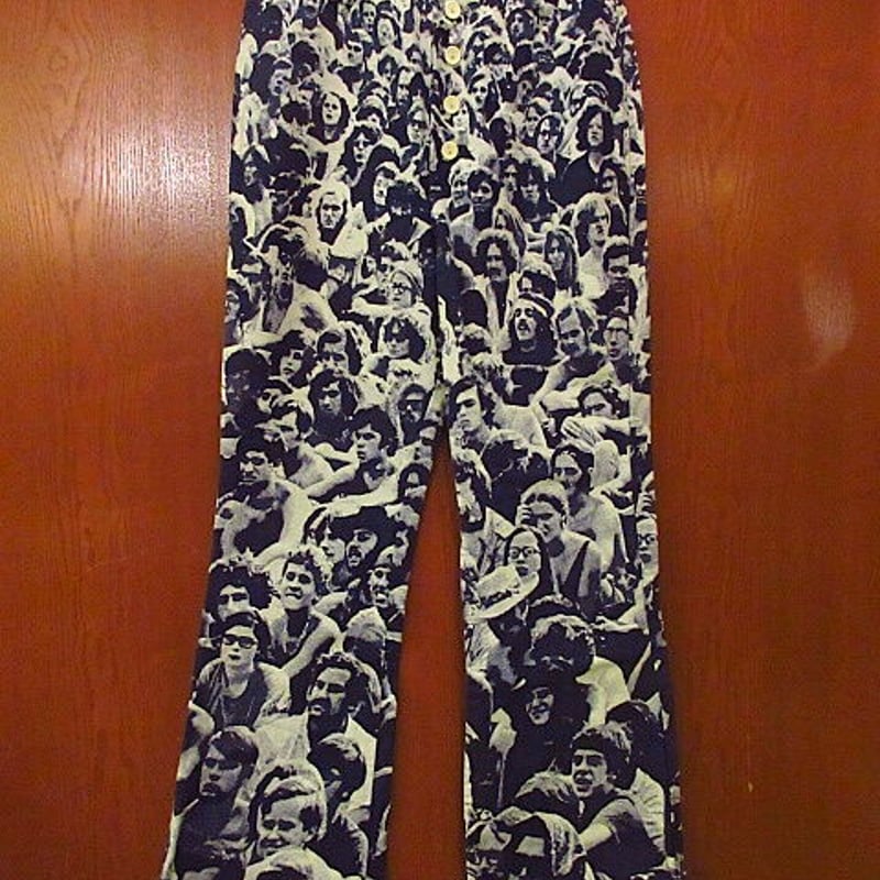 ビンテージ70's○WOODSTOCK剥き出しボタン総柄フレアパンツW60cm ビンテージ70's○WOODSTOCK剥き出しボタン総柄フレアパンツW60cm
