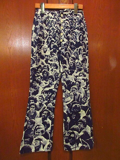 ビンテージ70's○WOODSTOCK剥き出しボタン総柄フレアパンツW60cm ビンテージ70's○WOODSTOCK剥き出しボタン総柄フレアパンツW60cm