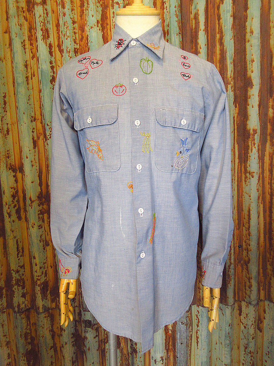 BIG MAC 60s 70s 刺繍 シャンブレーシャツ ヒッピーシャツ 実寸M ビンテージ70's○BIG MAC刺繍入りシャンブレーシャツ○240407j4-m-lssh-