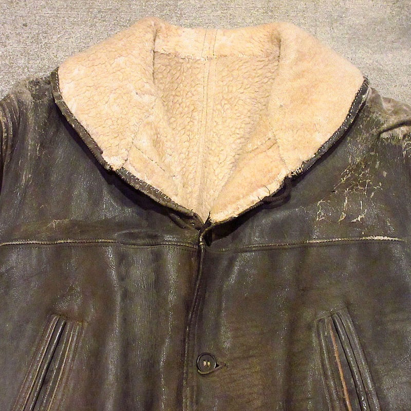 ビンテージ30's40's○レザーバーンストーマーコート黒○210330f1-m-ct