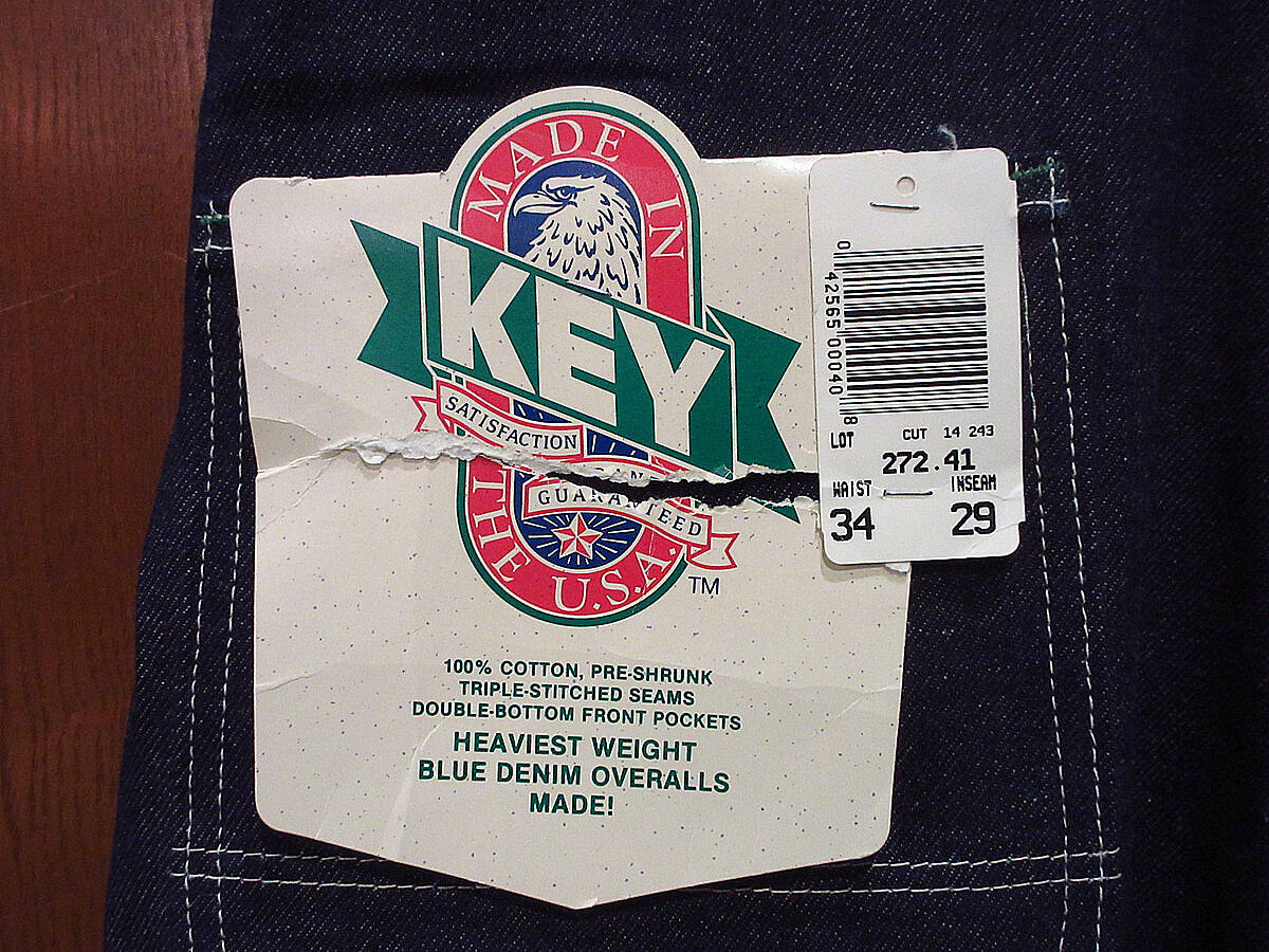 新品米国製80's90's KEYキーインディゴデニムオーバーオールW34×34 新品米国製80's90's KEYキーインディゴデニムオーバーオールW34