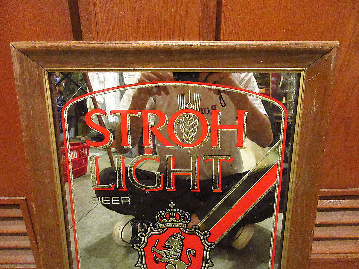 ビンテージ○STROH LIGHT BEERパブミラー○210719r3-signウッドフレー