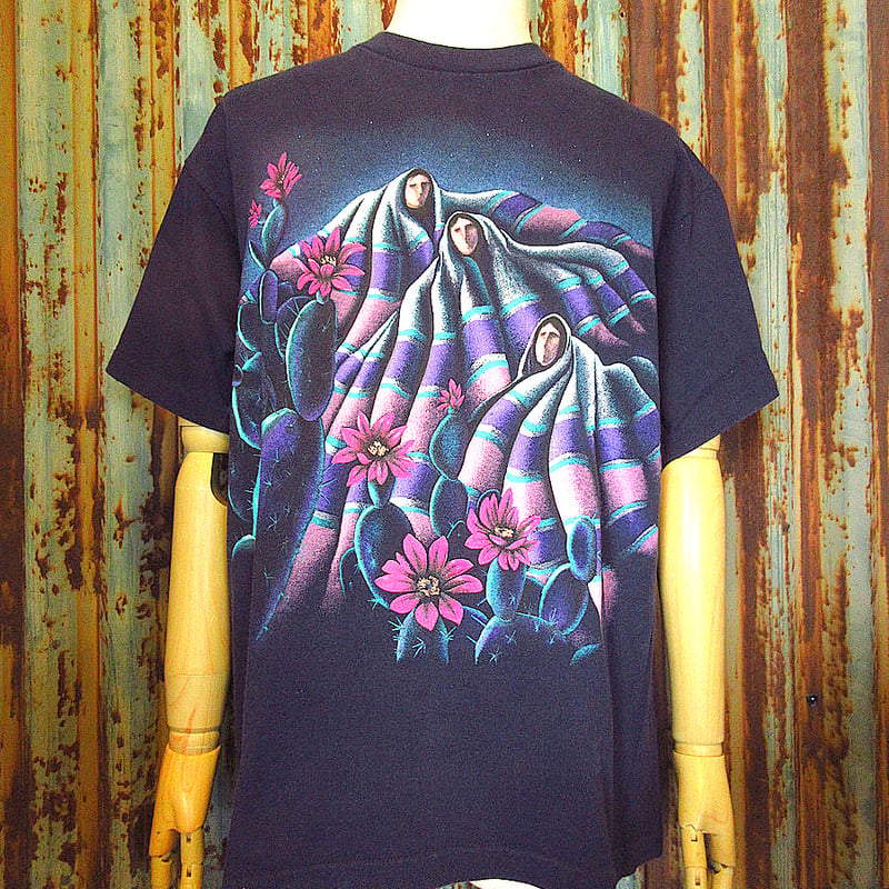ビンテージ90's○HABITAT XCIVアート両面プリントTシャツ紺size L○2408