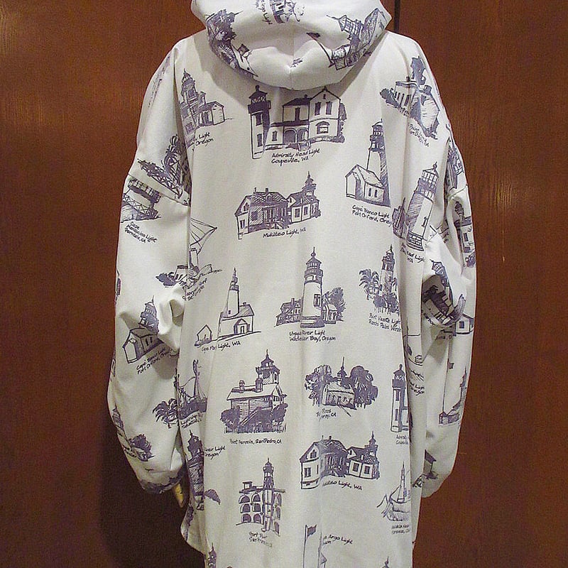 ビンテージ90's○MICHIGAN RAG CO.灯台総柄フード付きジャケットsize XL...