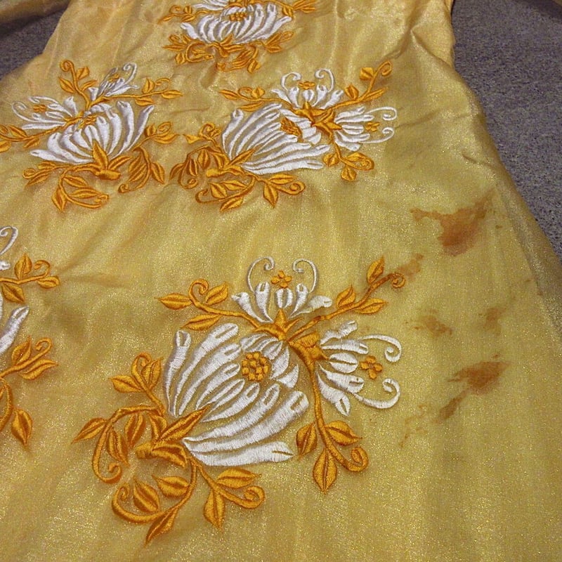 ビンテージ70's○刺繍入りオーガンジー長袖ワンピース黄 ビンテージ70's○刺繍入りオーガンジー長袖ワンピース黄