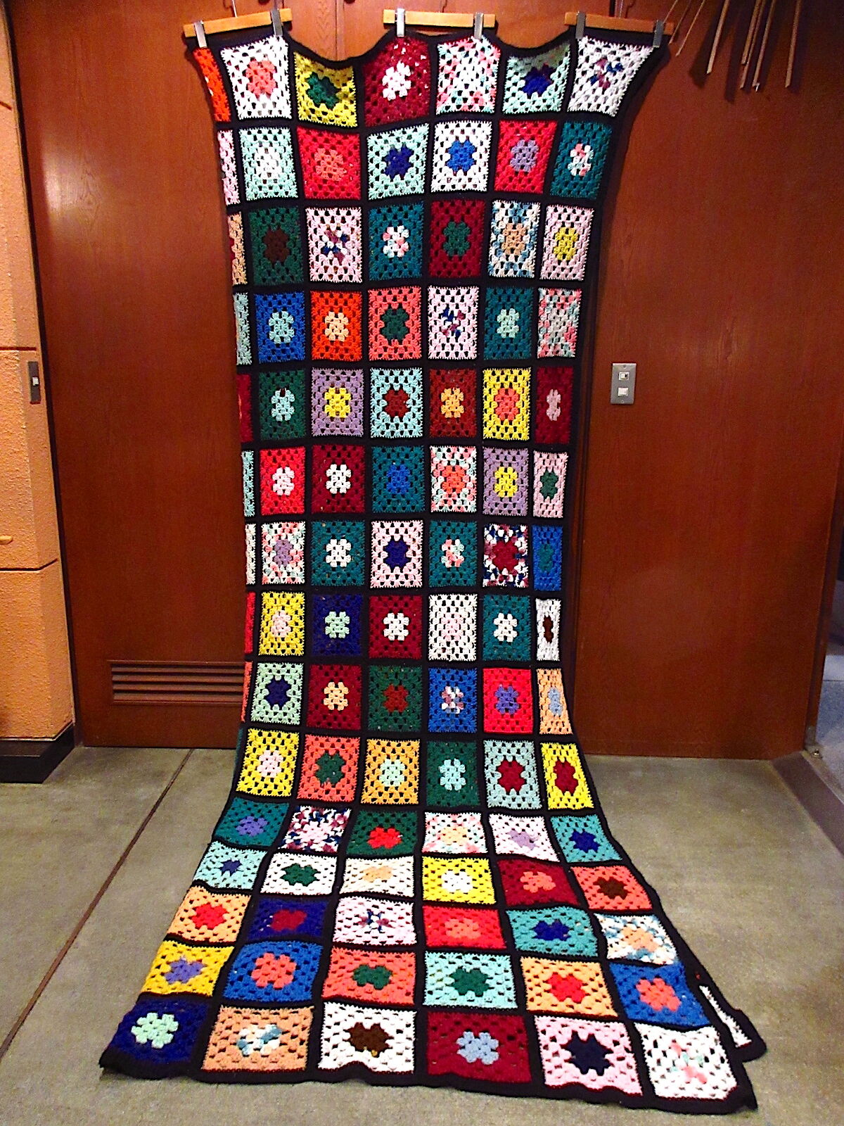 \半額SALE/ ビンテージ○カラフルかぎ針編みブランケットsize 320×270 その他