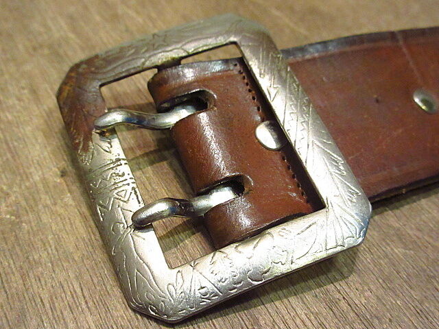 ビンテージ~60's○キッズ八角バックルダブルピンレザーベルト茶 ビンテージ~60's○キッズ八角バックルダブルピンレザーベルト茶